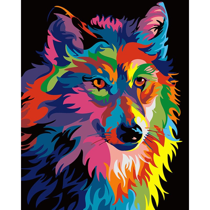 Wolf paint by numbers kit completed canvas showing vivid multicolour wolf portrait