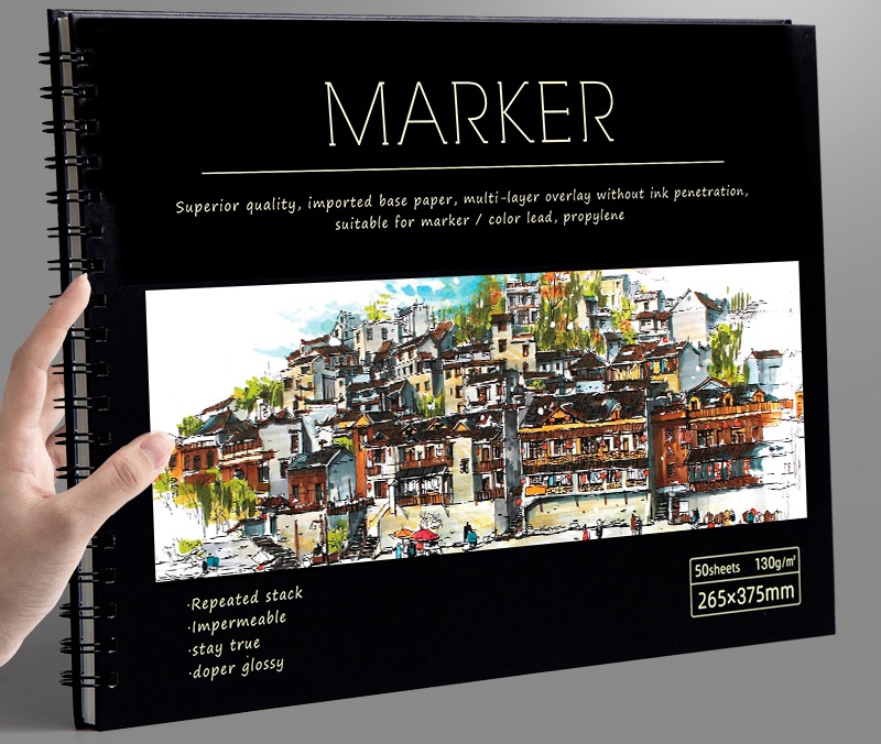 Spiral-bound marker pad featuring a detailed watercolour town street illustration on the cover