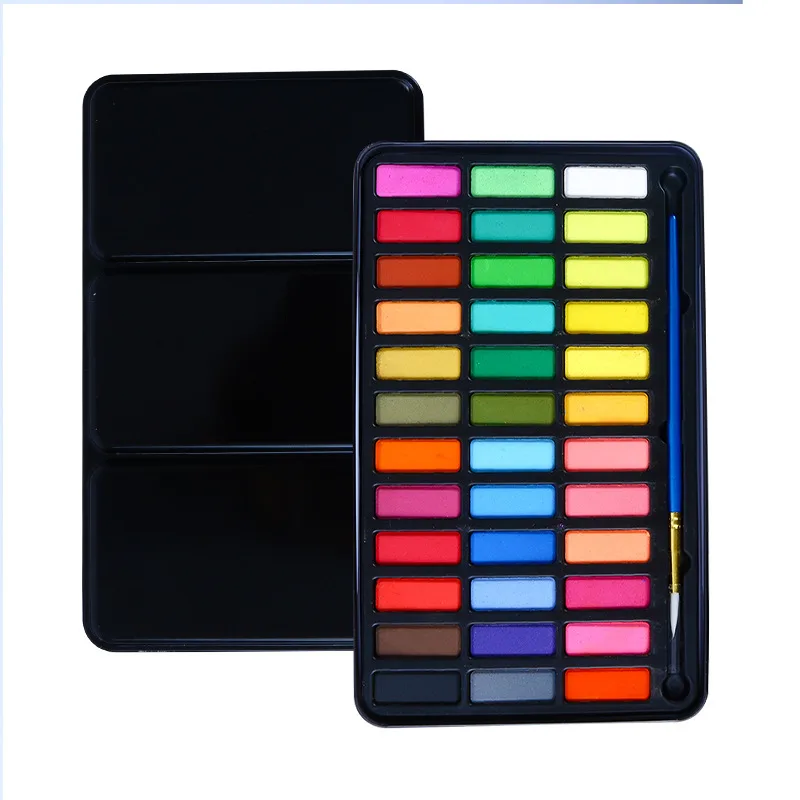 Solid watercolour paint set 36 colour pans open in compact box
