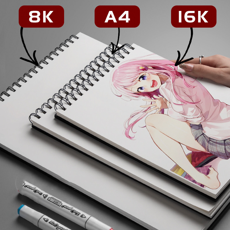 Marker sketchbook A4 8K and 16K size options laid flat