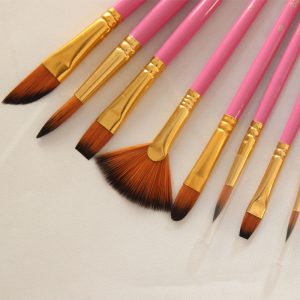 Acrylic brush set showing brush shape variety including flat round and fan