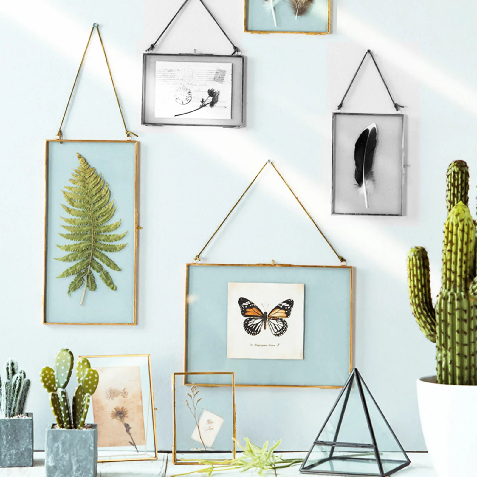 Double-sided brass glass frame size comparison 13x18, 15x20 and 20x25cm