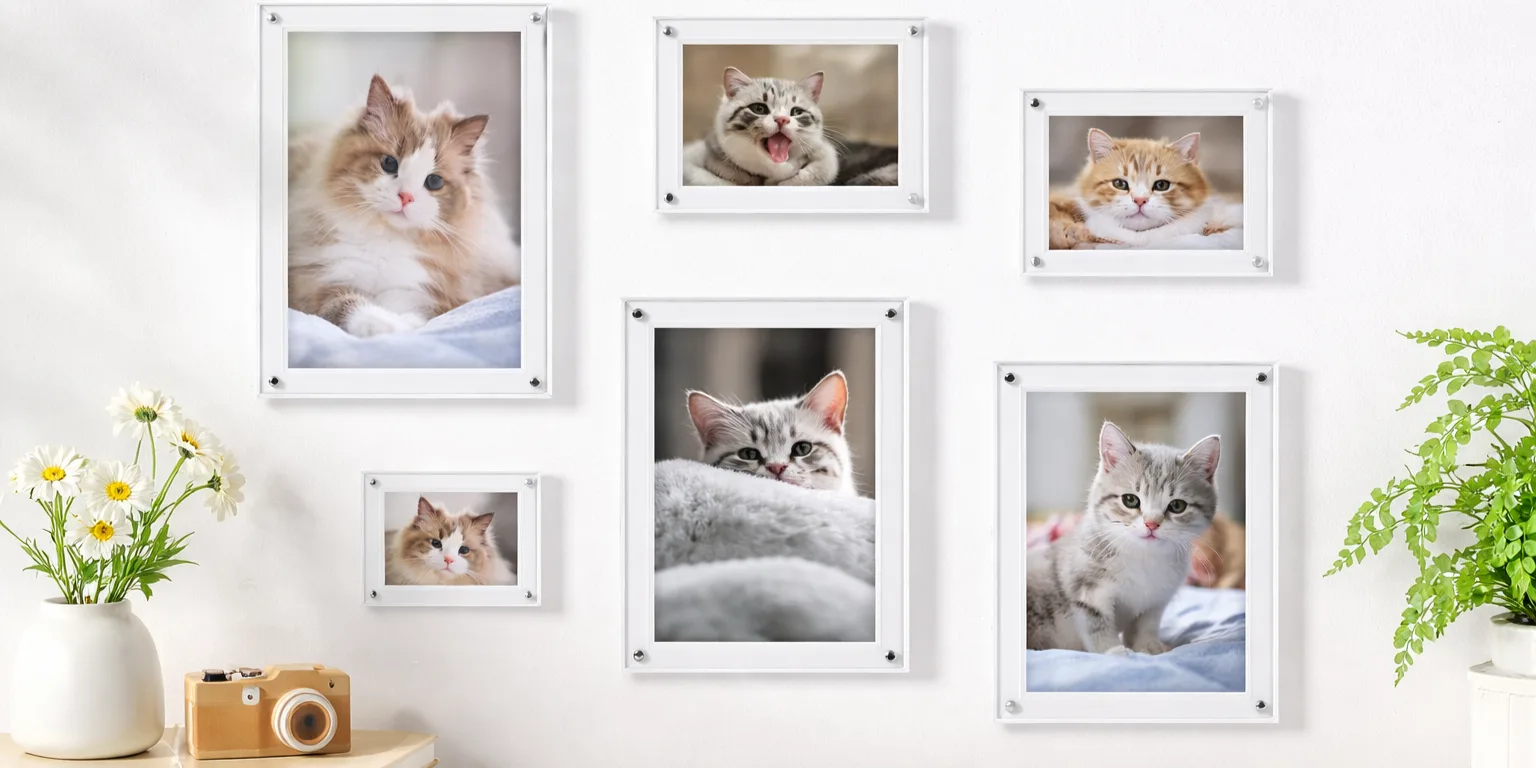 Clear frameless magnetic acrylic photo frames in 2 inch, 3 inch, 4 inch, 5 inch and 6 inch sizes displayed on a white wall, each frame featuring a different cat photo.