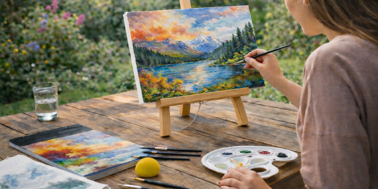 woman painting a landscape on a canvas using a wooden adjustable sketchboard stand on an outdoor table