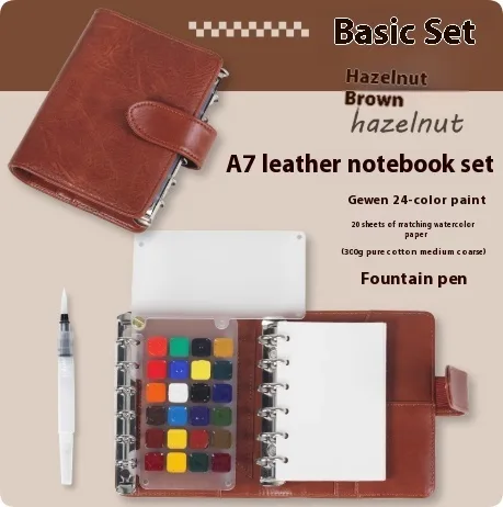 A7 ring-bound watercolour notebook with leather cover in Hazelnut Brown Basic Set