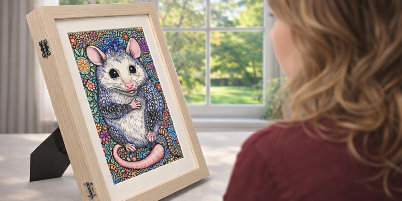 Wooden A4 photo frame displaying a colourful possum illustration on a table, with a woman looking at it and a bright window with greenery in the background