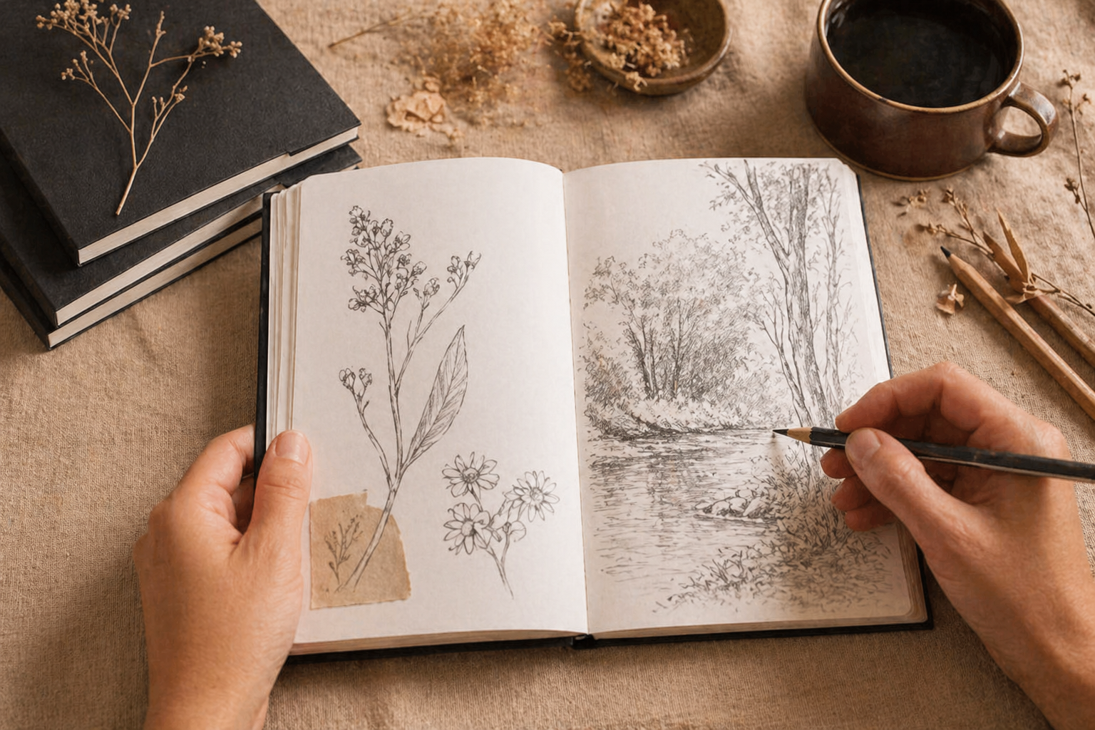 Open A5 thread-bound sketchbook on a neutral fabric surface with hands sketching botanical and landscape drawings using a pencil, surrounded by art tools in a warm, rustic setting