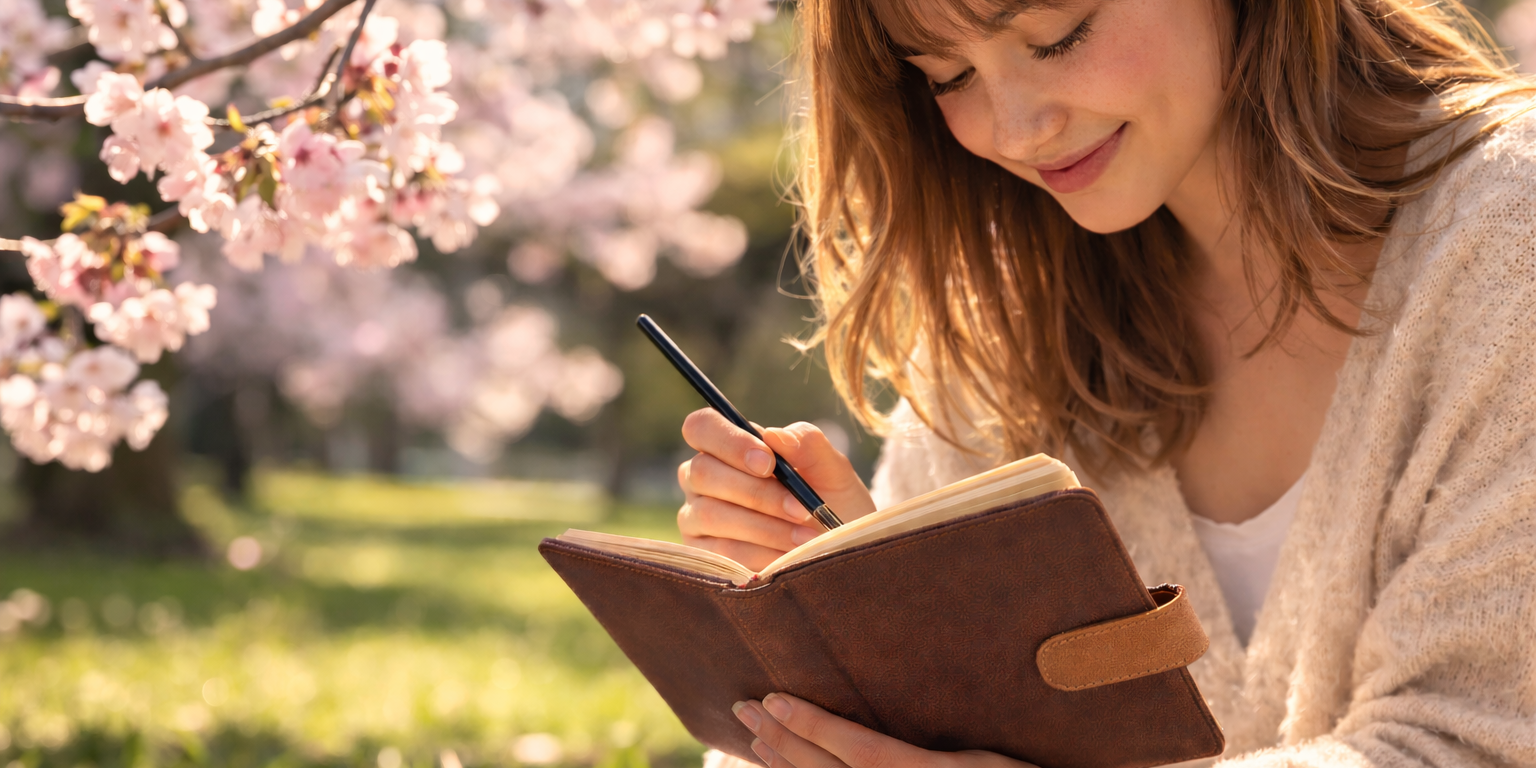 Woman painting in a sunny park under cherry blossom trees using an A7 watercolour notebook with leather cover and built-in travel paint set.