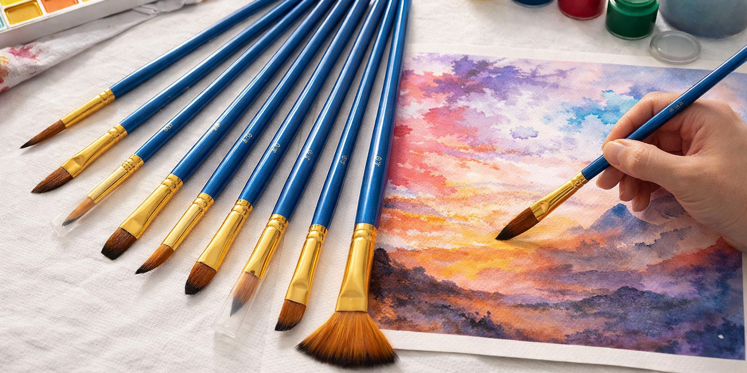 Blue-handled artist paint brush set arranged on a table beside a watercolour painting, paint jars and palette, with a hand using one brush to paint a colourful landscape.