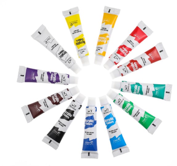 12 colour paint set acrylic tubes in compact packaging on white background