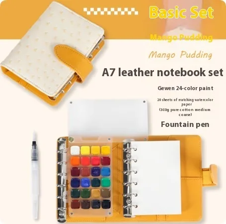 A7 ring-bound watercolour notebook with leather cover in Mango Pudding Basic Set