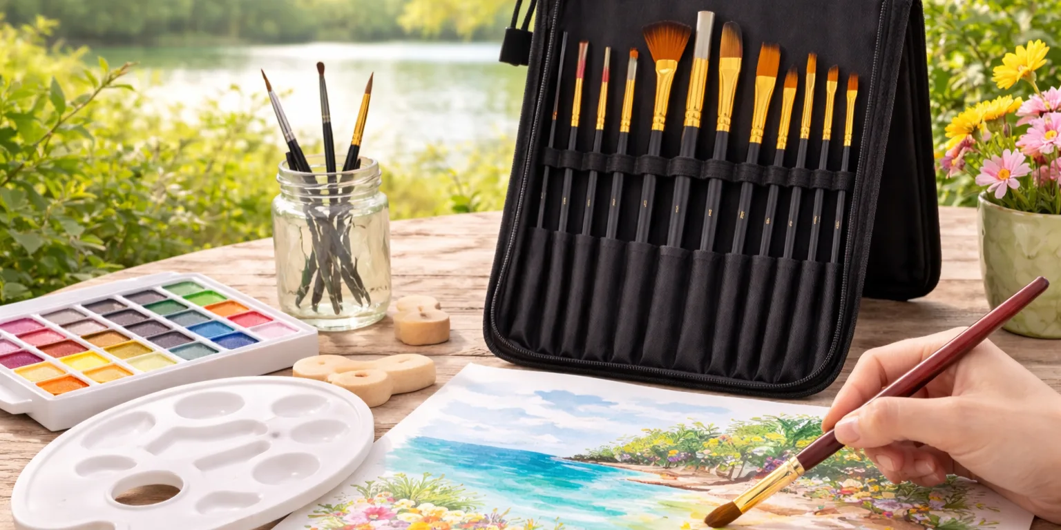 Black zip case with 12 paint brushes displayed outdoors on a wooden table beside a palette and watercolor painting in progress near a lake