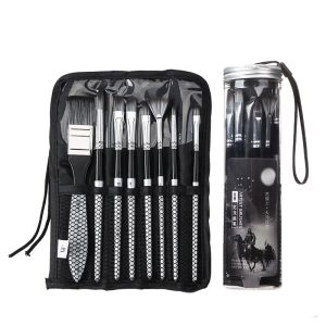 8 piece nylon paint brush set with cloth bag and carry canister in black
