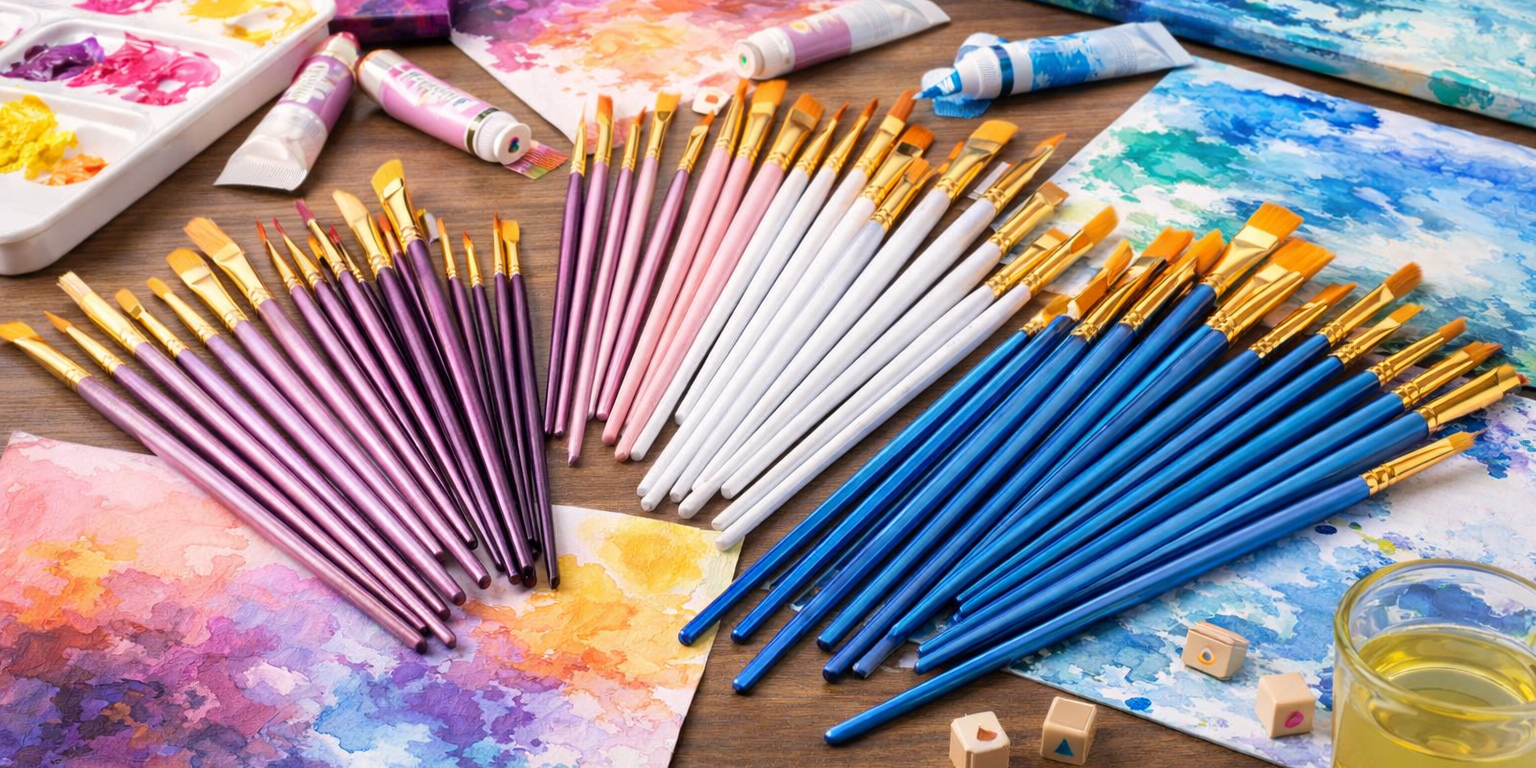 Set of colourful paintbrushes with purple, pink, white, and blue handles arranged on a table surrounded by vibrant paintings and art supplies in matching colours