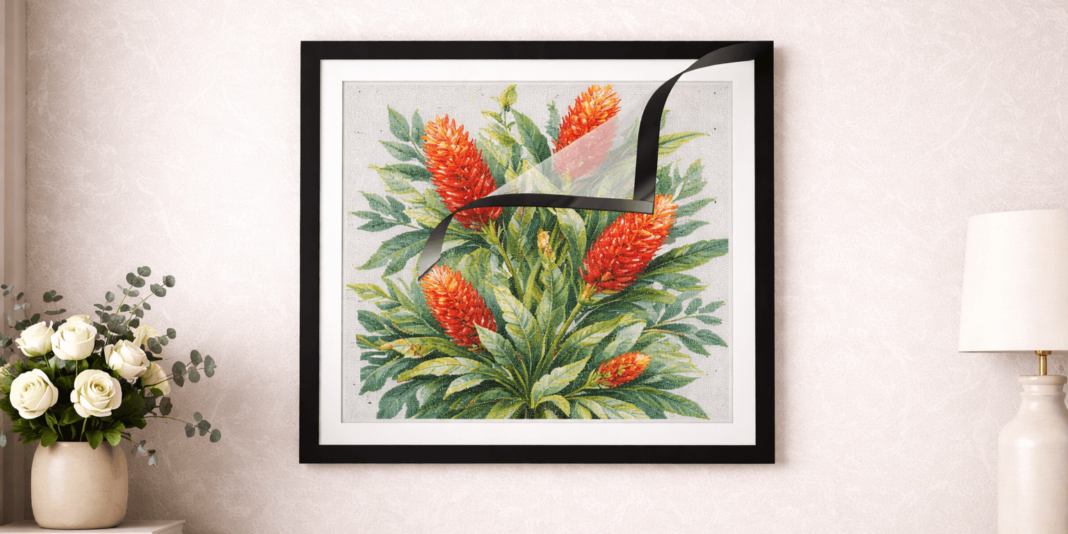 black wooden a4 frame with diamond painting of australian banksia flowers on a subtle wallpaper wall interior