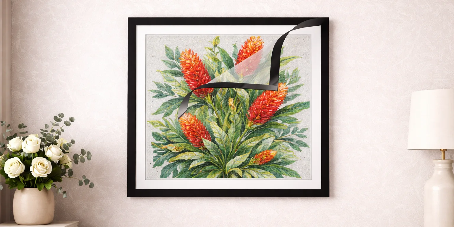 black wooden a4 frame with diamond painting of australian banksia flowers on a subtle wallpaper wall interior