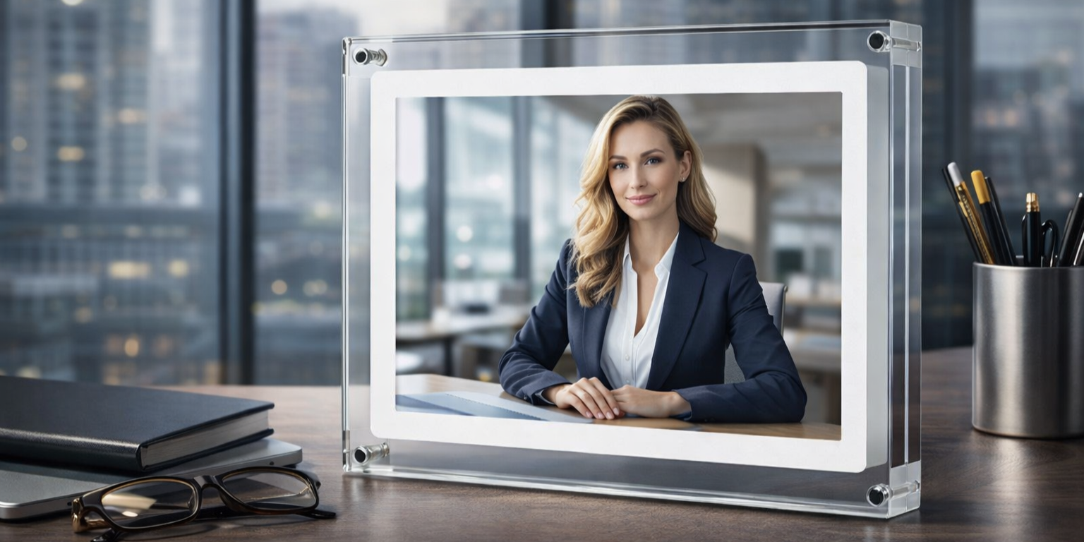 Hyper-realistic desktop digital photo frame displaying a professional businesswoman portrait in a modern office setting on a desk