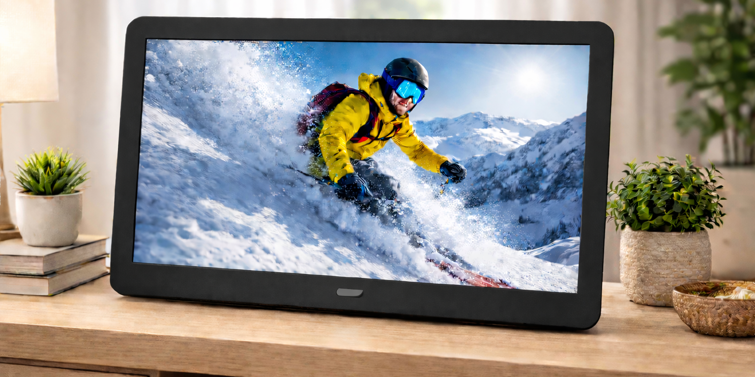 17 inch digital photo frame with black bezel showing a skiing adventure photo on the screen, standing on wooden display furniture in a modern living room setting.