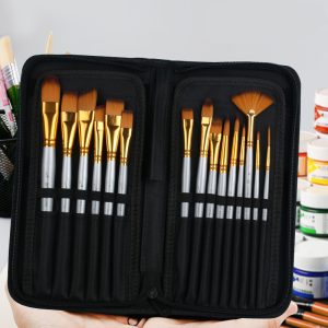 Short handle brush set cloth case open showing all 15 brushes in slots
