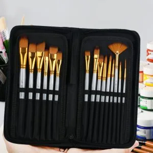 Short handle brush set cloth case open showing all 15 brushes in slots