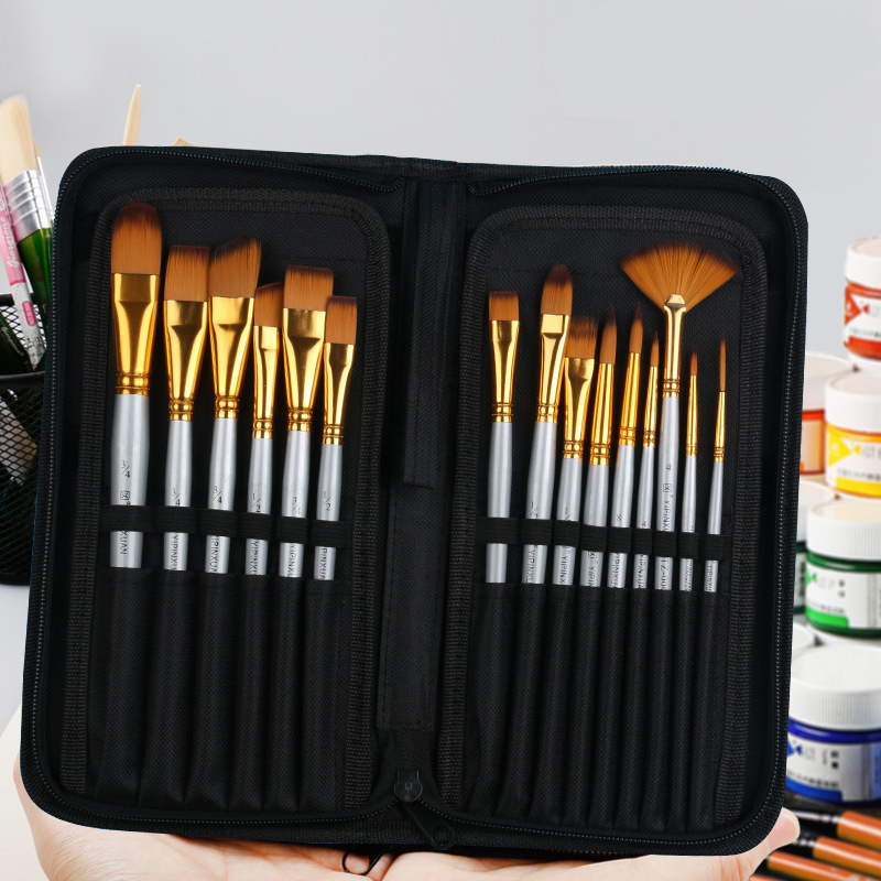 Short handle brush set cloth case open showing all 15 brushes in slots