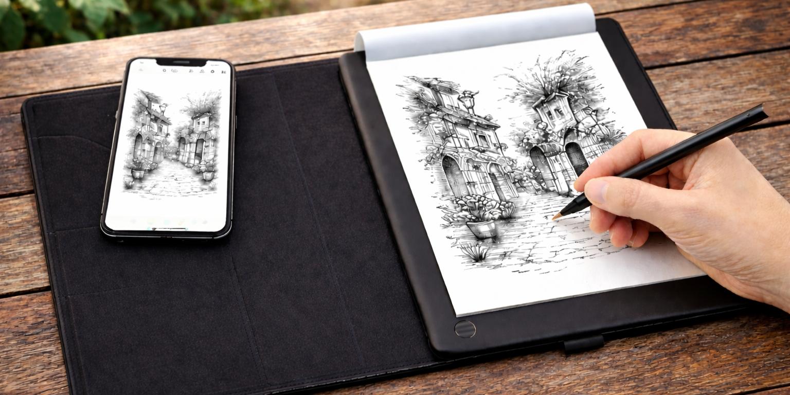 Electronic writing board on an outdoor wooden table with a hand drawing a detailed sketch, with a smartphone beside it displaying the same artwork in natural daylight