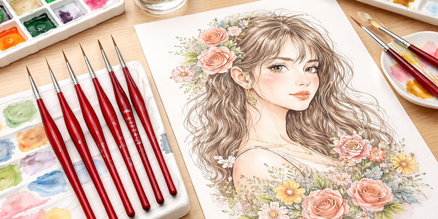 Six red-handled fine detail brushes used to create a delicate line portrait with floral elements on a light wooden table, showing precision painting work