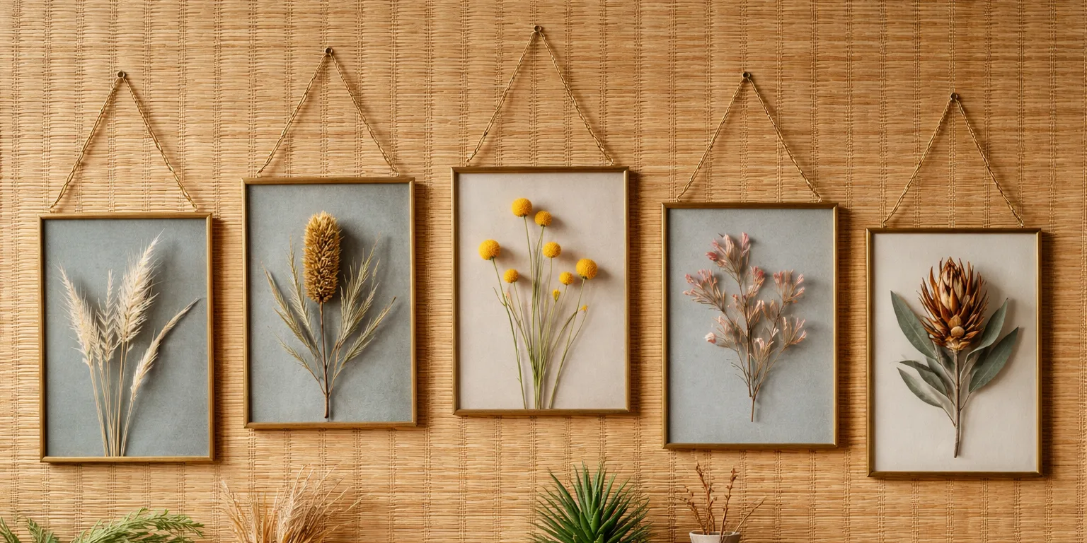 Five gold hanging glass frames with dried native Australian plants displayed on a bamboo wall, decorative botanical wall art with brass chain frames.