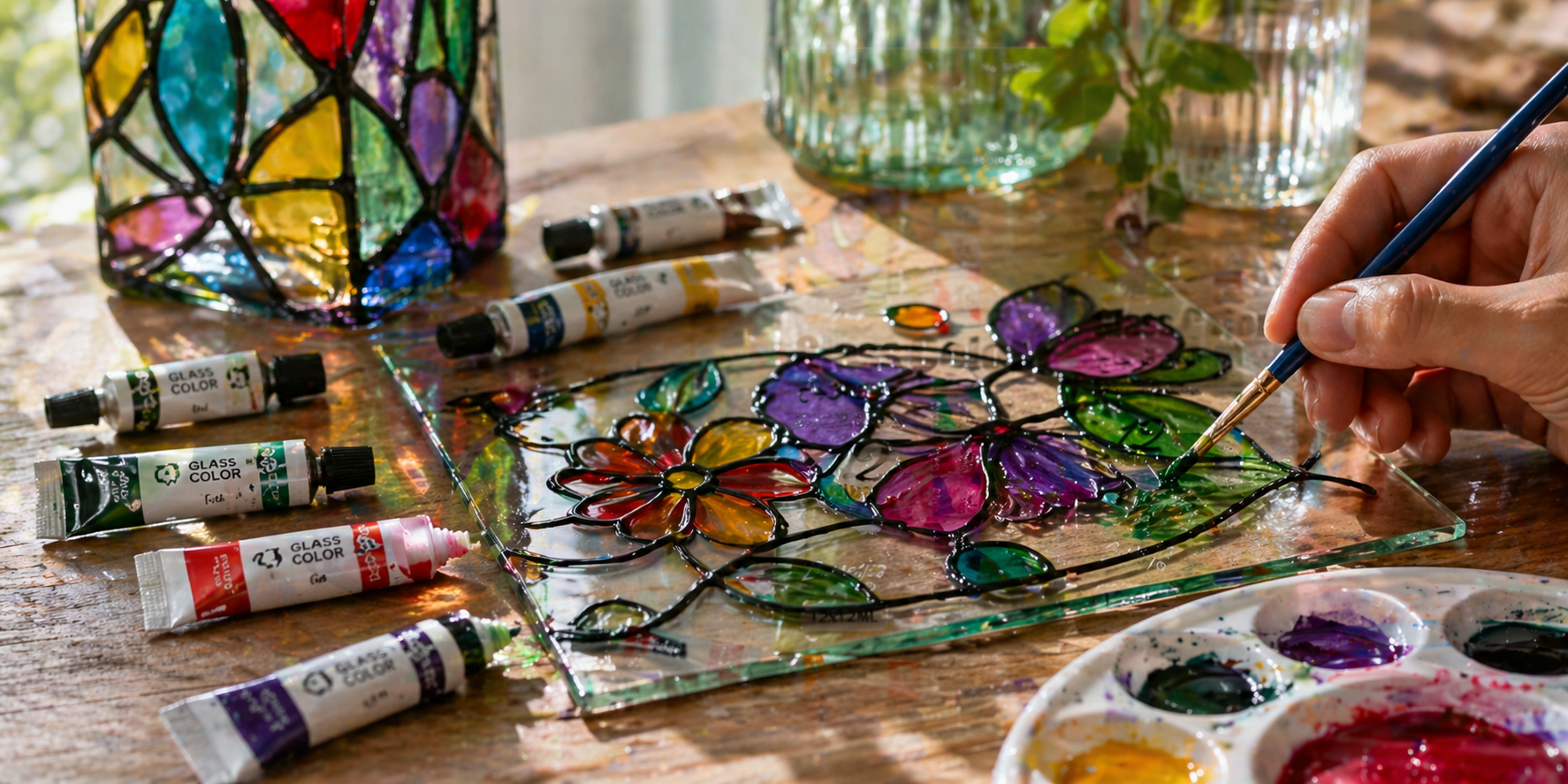 12 colour paint set in use - artist painting colourful stained glass design on clear glass panel with fine brush, surrounded by small glass paint tubes and palette on wooden table in natural light.