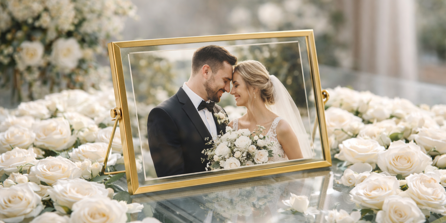 Geometric metal photo frame in Gold displaying a wedding couple portrait, placed on a glass table surrounded by white roses in a soft romantic setting. 