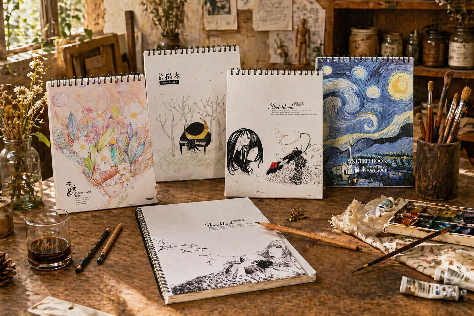 Illustrated sketchbooks displayed on a rustic wooden table in an artist studio with brushes, paints, and artwork in use