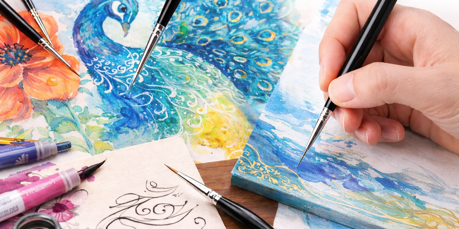 Fine detail hook line brush creating delicate linework on a colourful artwork, surrounded by paints, ink, and illustrated designs on a studio table