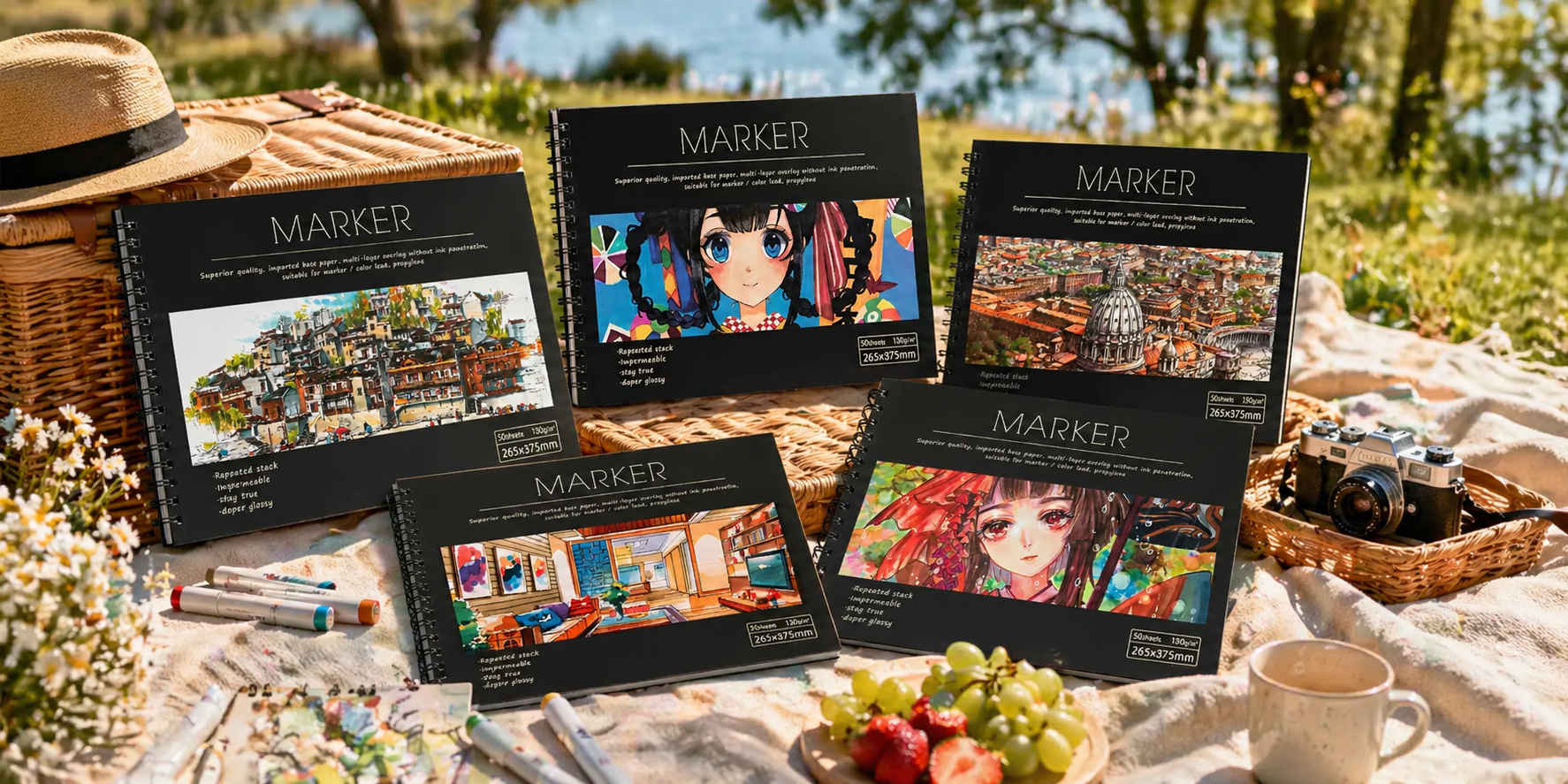 Spiral-bound marker pads displayed on a picnic blanket outdoors with art supplies, basket, and fruit in a sunlit setting