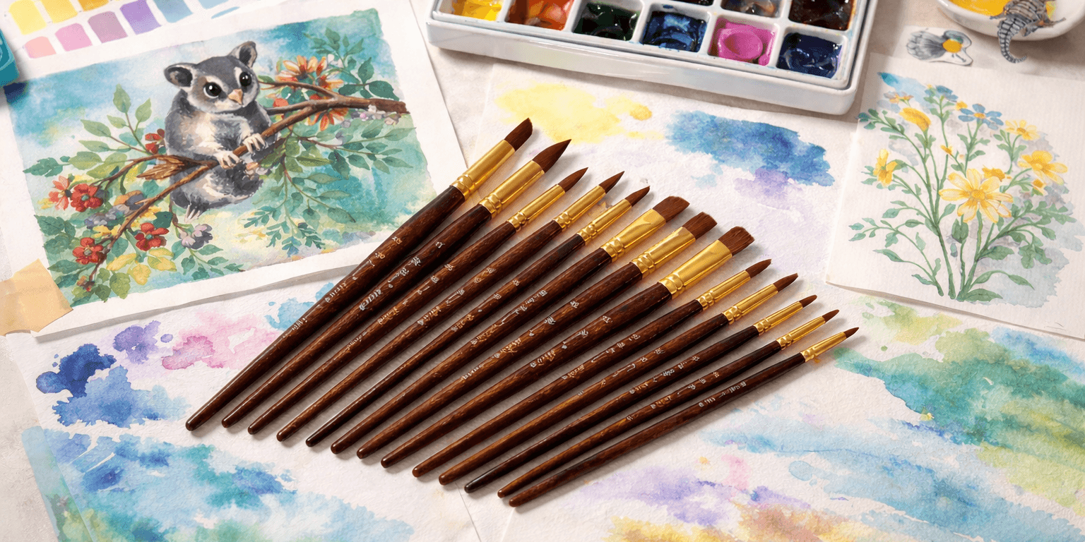 Watercolour brush set with birch wood handles arranged on an artist desk beside palette pans, painted paper swatches and finished watercolour artworks.