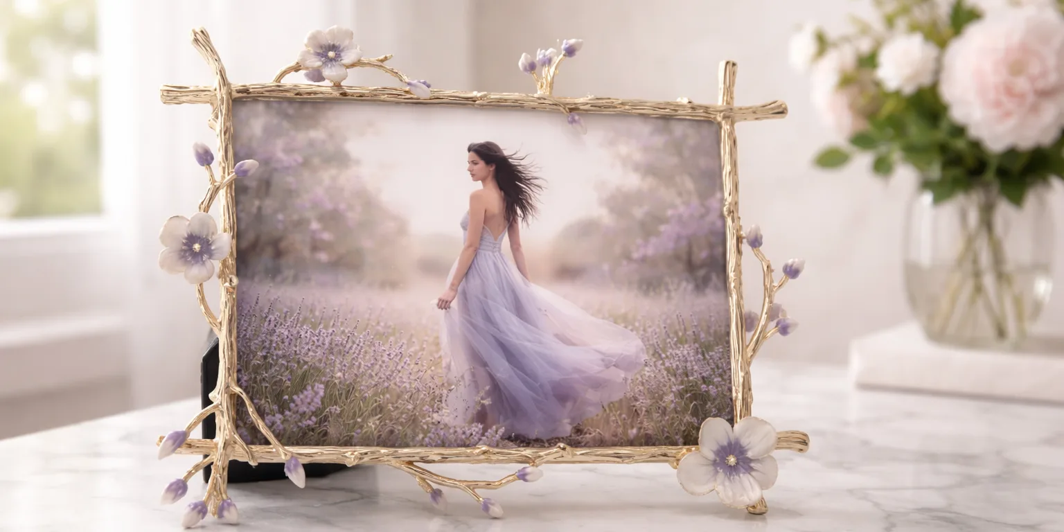 Gold ornate photo frame with delicate lavender flowers and branch design displaying a romantic portrait on a marble table in a bright interior setting