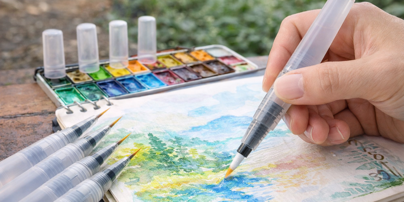 Refillable water brush pen in use painting a watercolour landscape outdoors, with portable paint set and multiple brushes on a compact sketching setup