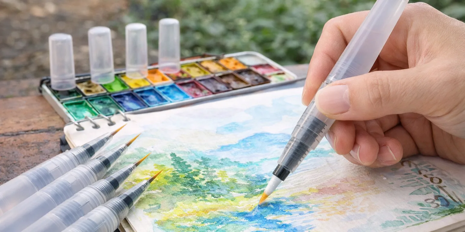 Refillable water brush pen in use painting a watercolour landscape outdoors, with portable paint set and multiple brushes on a compact sketching setup