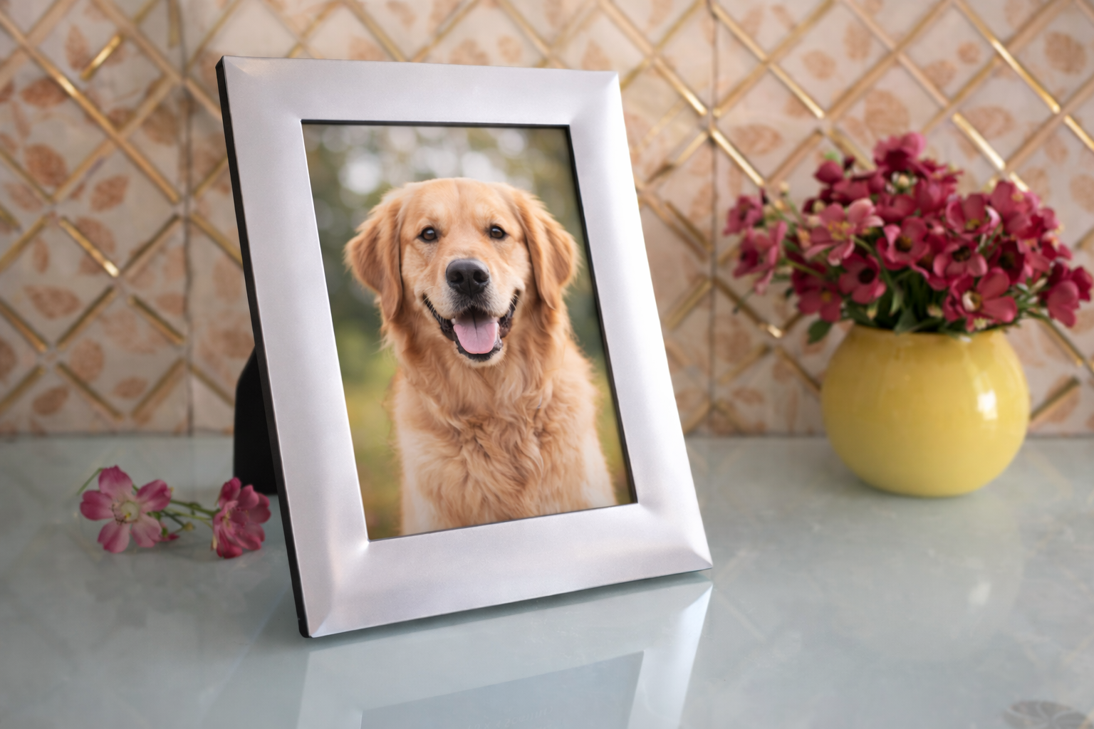 Silver metal photo frame displaying a golden retriever portrait on a glass table with flowers and decorative wallpaper background