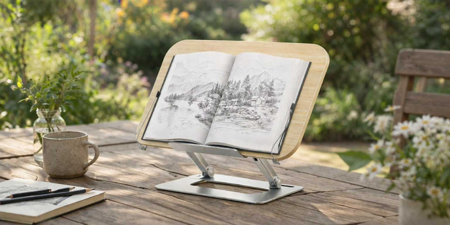 Adjustable sketchboard stand with an open book displayed on a wooden outdoor table, featuring an aluminium base and wood board in a sunlit garden setting.