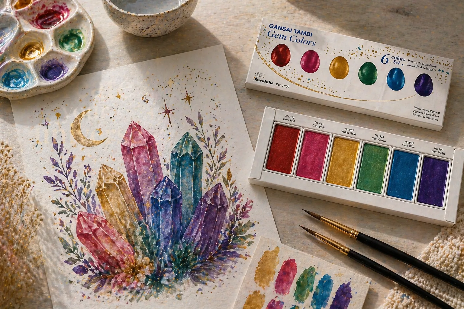 Watercolour crystal painting with shimmering jewel tones on paper, surrounded by brushes and a six-colour gem metallic watercolour paint set