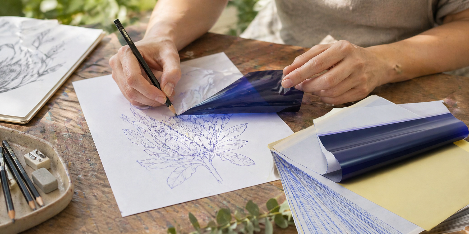 Artist tracing a detailed floral drawing using A4 carbon transfer paper on a wooden table with pencil and sketch materials