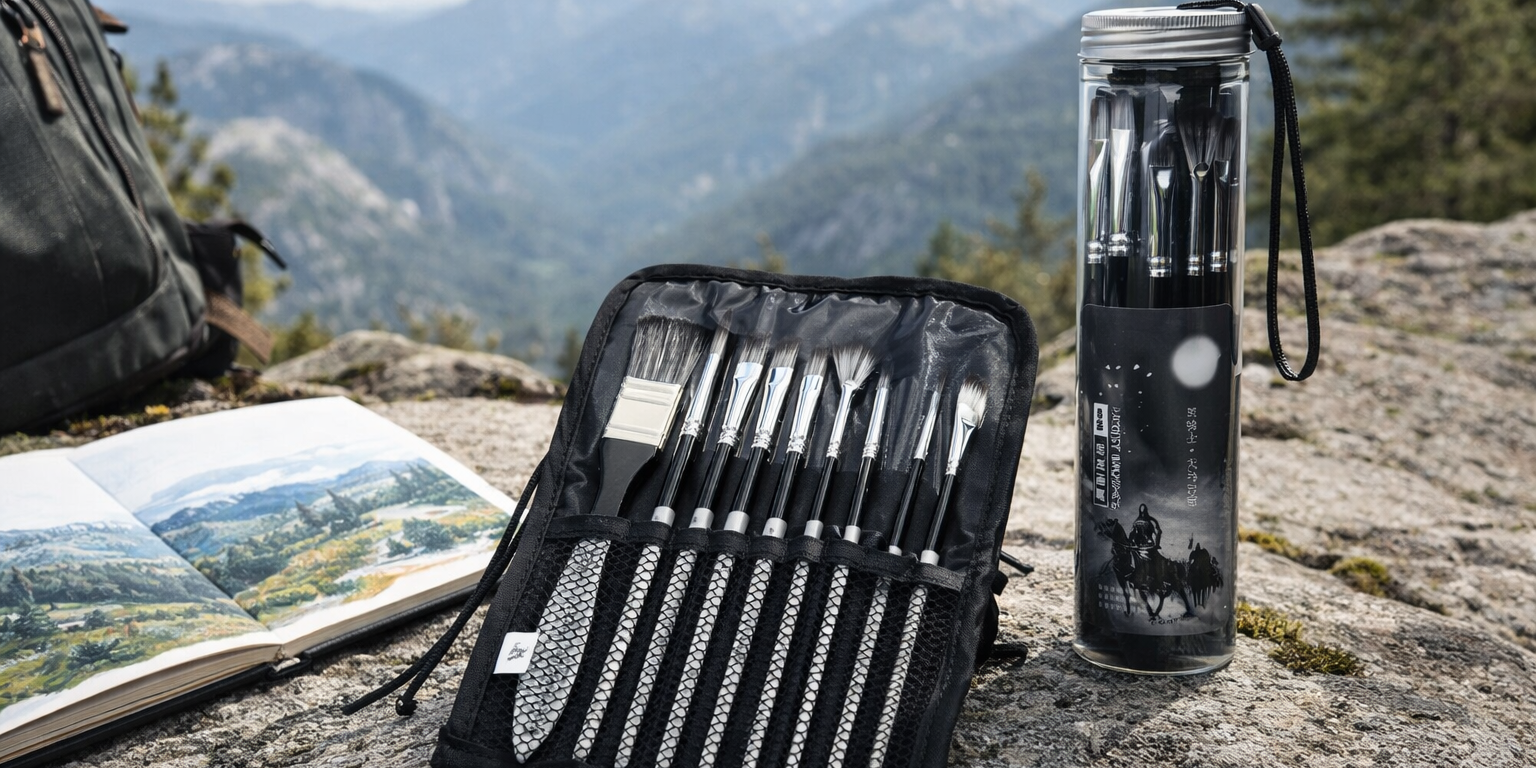 Eight-piece nylon paint brush set with mixed brush shapes, shown with a black roll-up cloth bag and clear plastic travel canister in an outdoor painting setting.