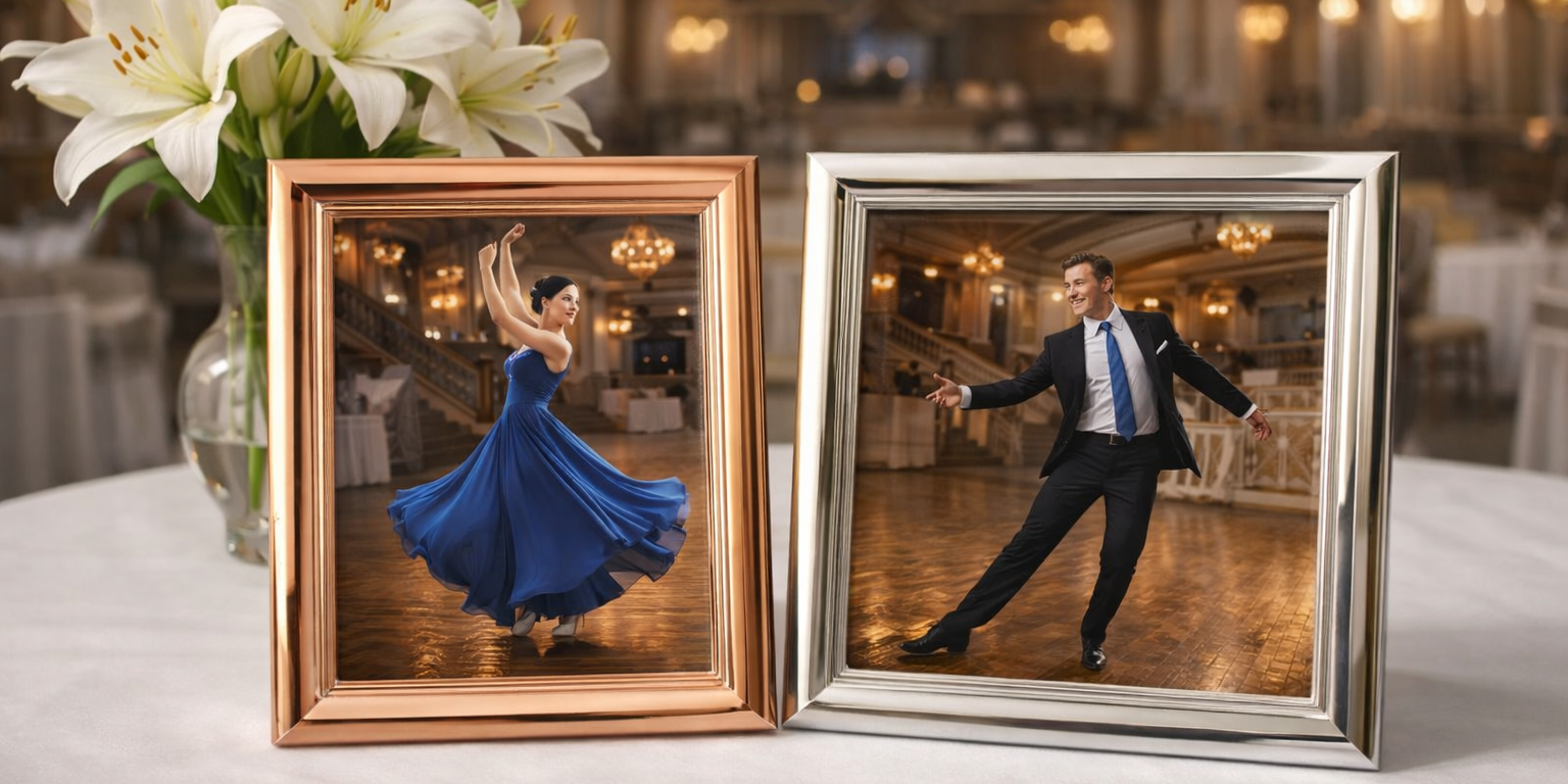 Rose gold and silver wide brim photo frame display on a white tablecloth with lilies, showing ballroom dancers in a vintage venue.