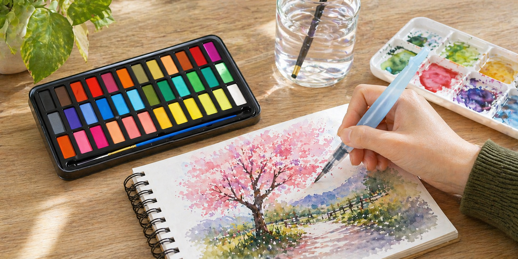 Solid watercolour paint set in use with artist painting a landscape in a sketchbook, open colour palette, water brush pen, and mixing tray on a wooden table in soft natural light