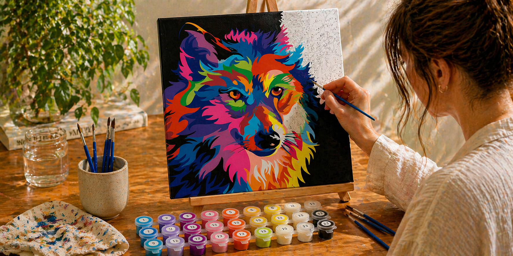 Wolf paint by numbers kit in use with artist painting a partially completed colourful wolf canvas on a desk with brushes and paint pots