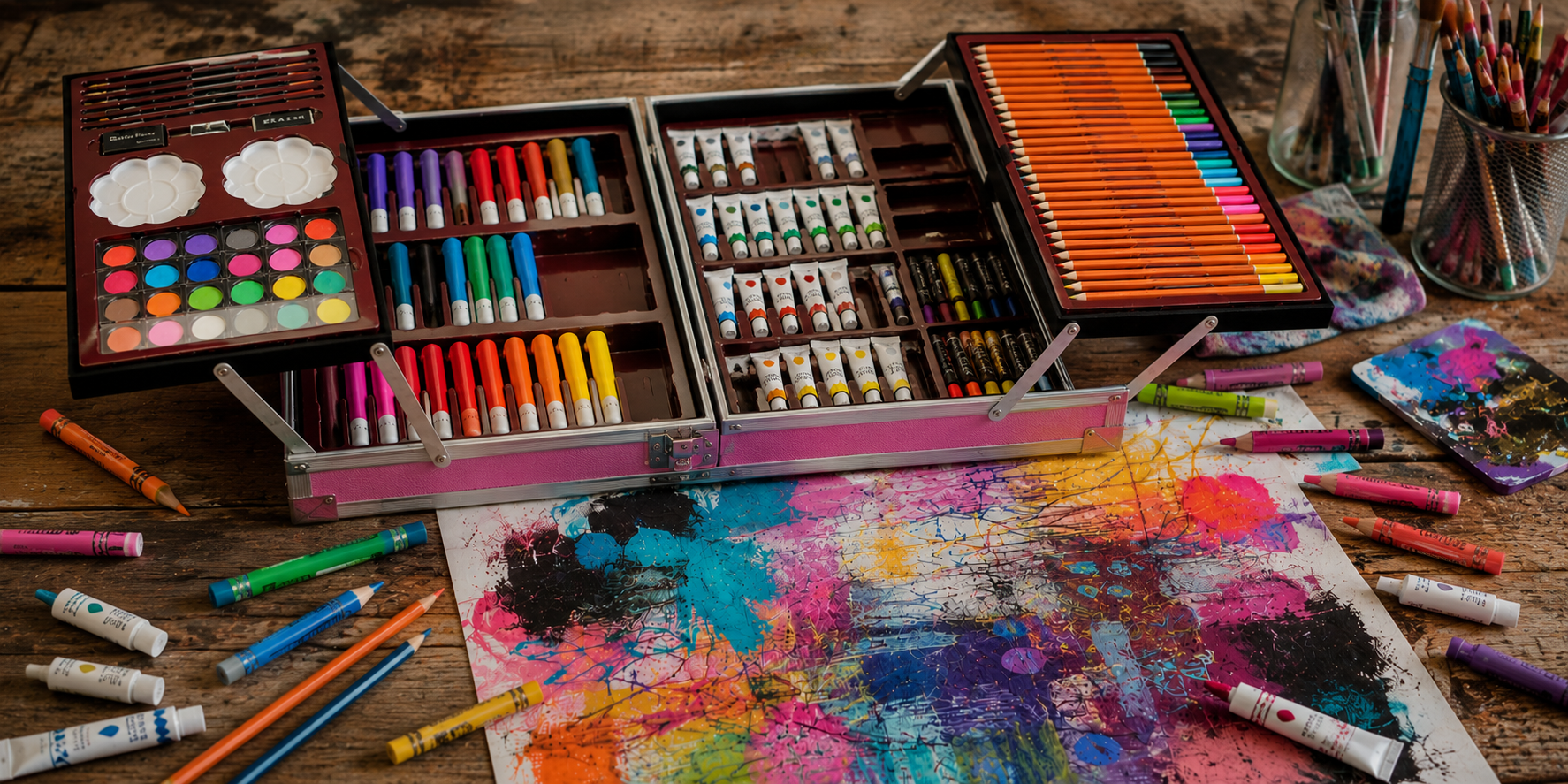 Open pink deluxe mixed media 145 Piece Art Set with coloured pencils, markers, paint tubes and crayons spread across a rustic wooden artist desk beside a vibrant abstract artwork in progress.