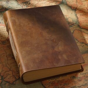 Handmade leather sketchbook with brown cowhide cover front view
