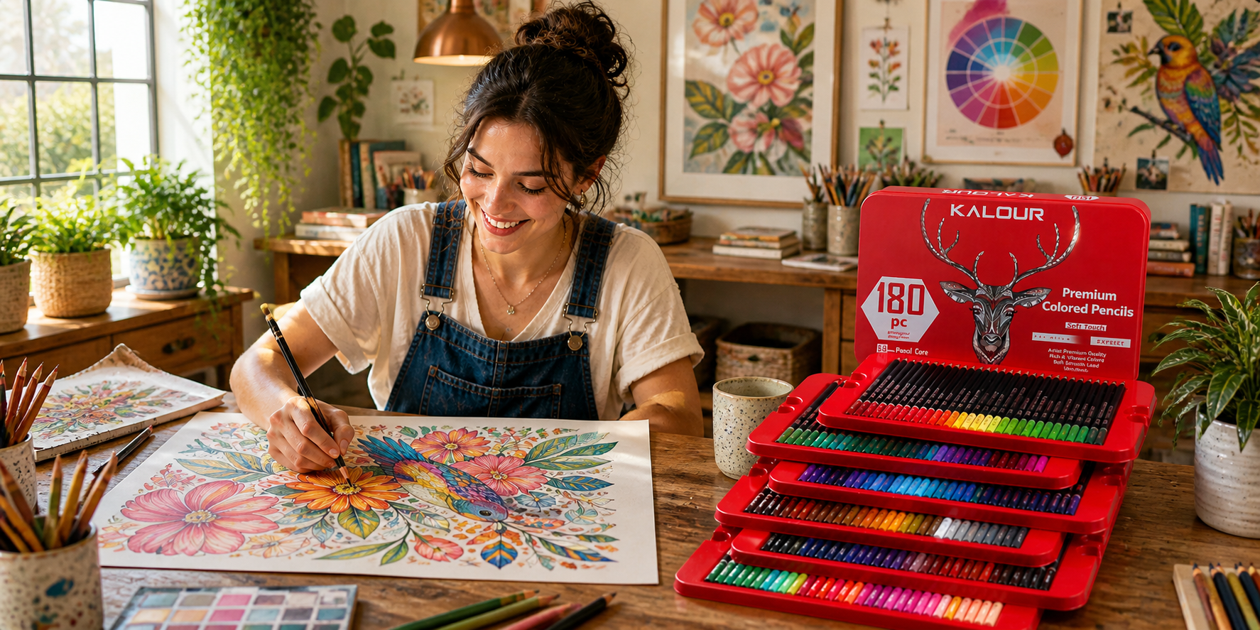 Artist using 180 piece coloured pencil set in a studio, creating a vibrant floral and bird illustration with pencils arranged in an open red case
