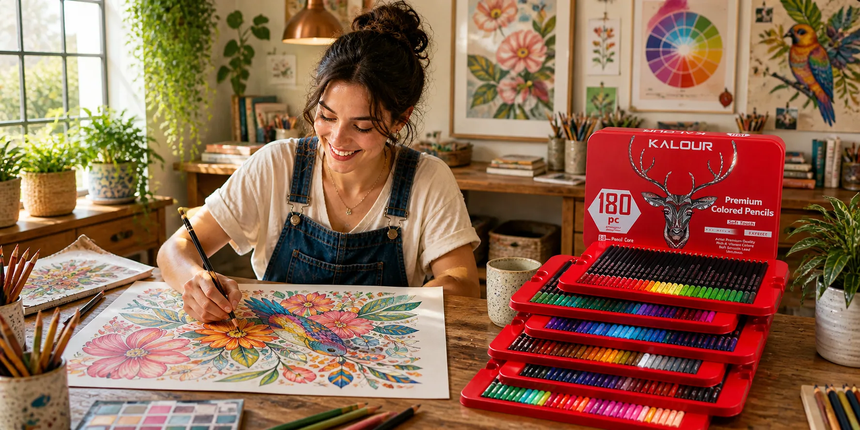 Artist using 180 piece coloured pencil set in a studio, creating a vibrant floral and bird illustration with pencils arranged in an open red case