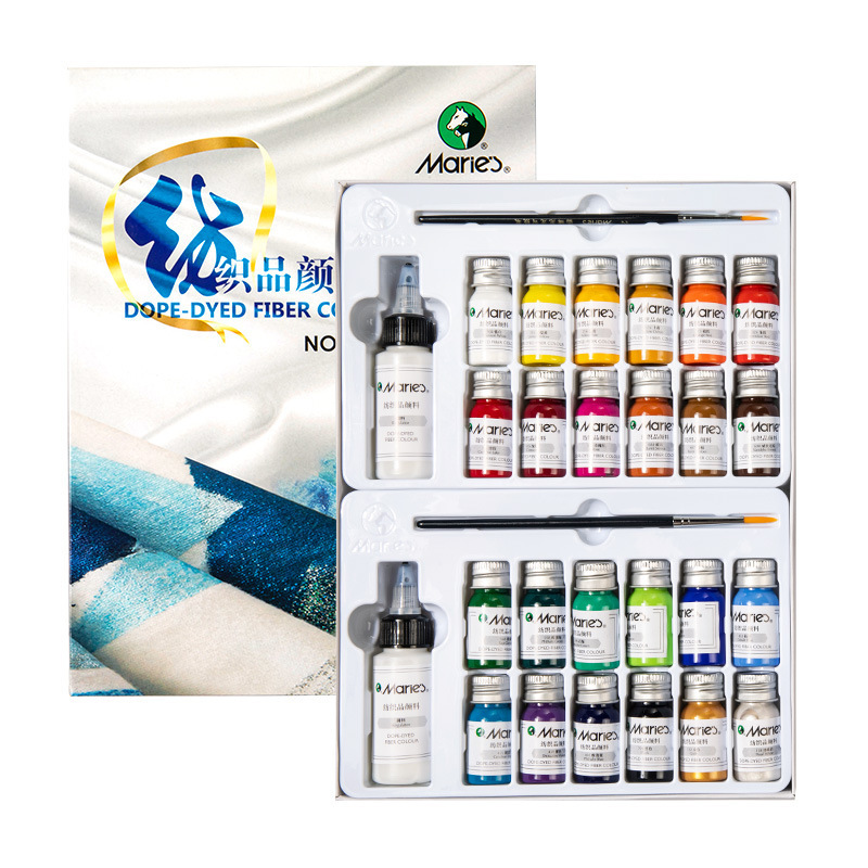 Open fabric paint set showing rows of 10 ml pigment bottles in assorted colours